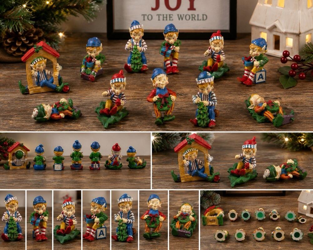 Vintage Christmas Elf Figurines Lot of 10 Holiday Pixie Resin Decor Village
